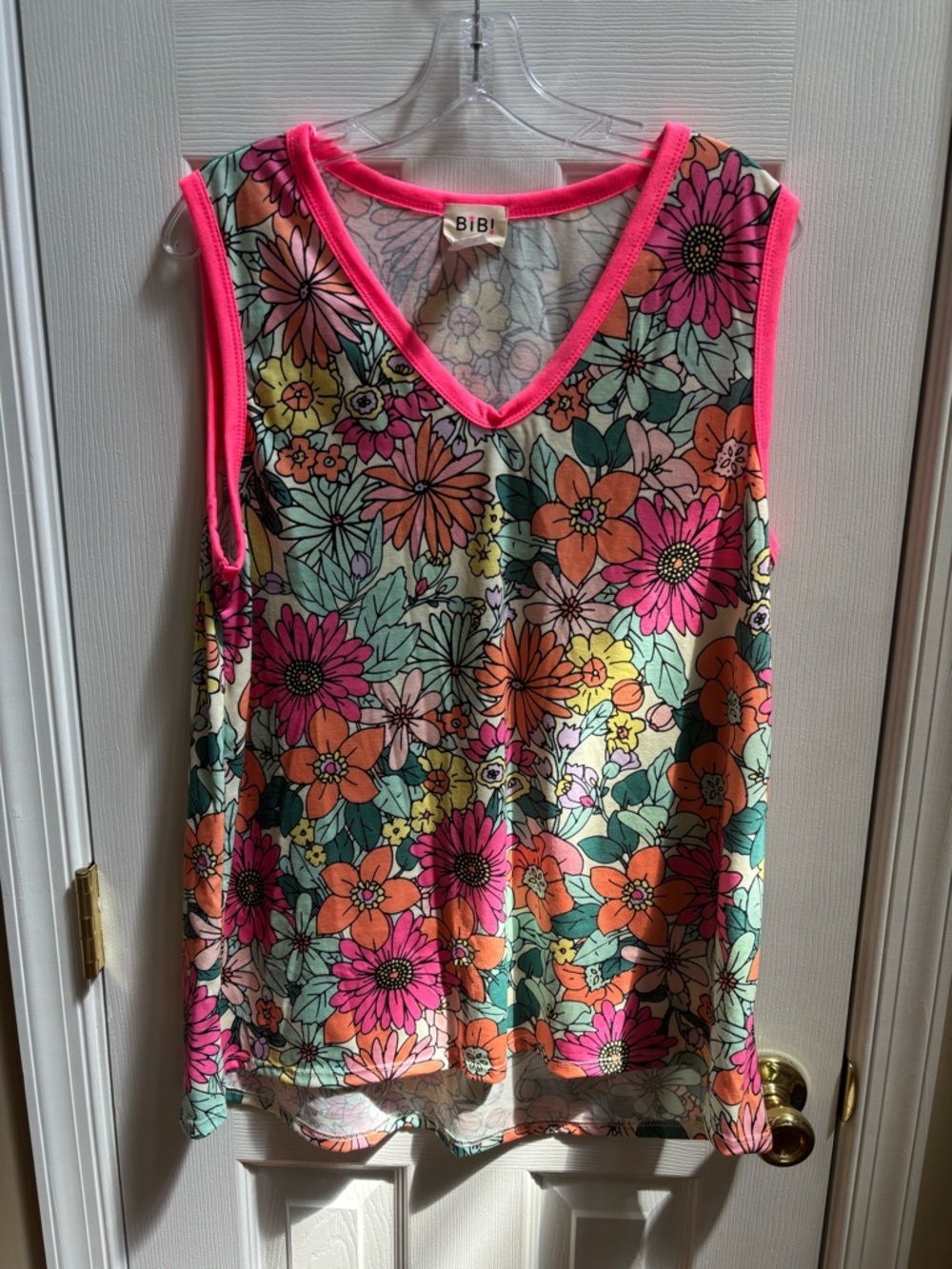 BiBi Women’s Neon Floral Sleeveless V-Neck Tank Top, Size M, NWOT